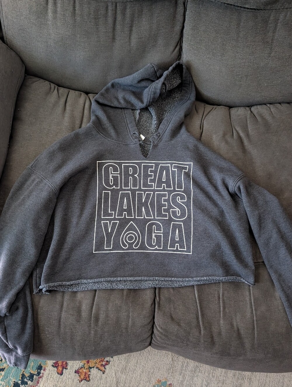Bella Canvas Charcoal Gray Cropped Hoodie with Great Lakes Yoga Graphic